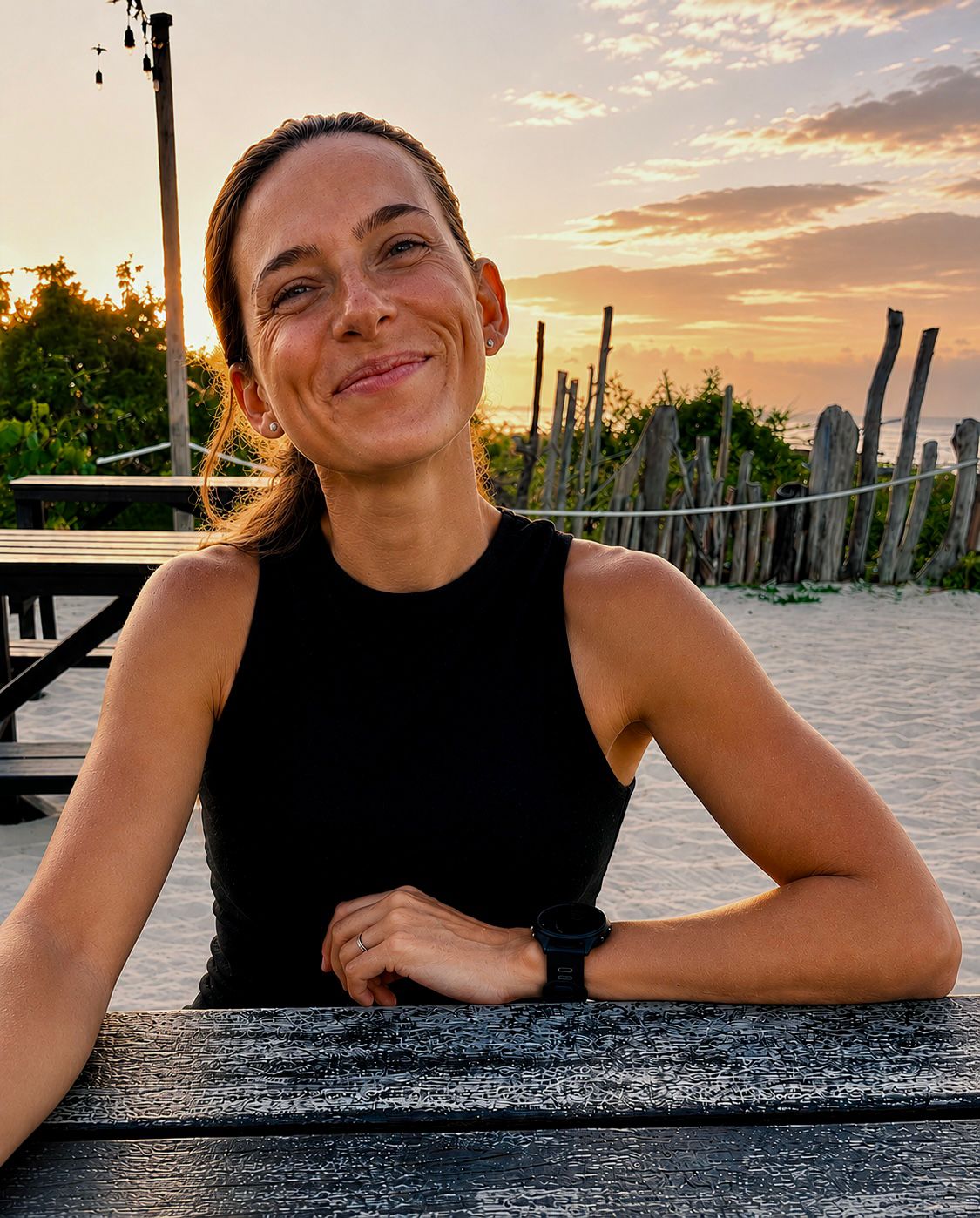 Federica at sunset by the ocean
